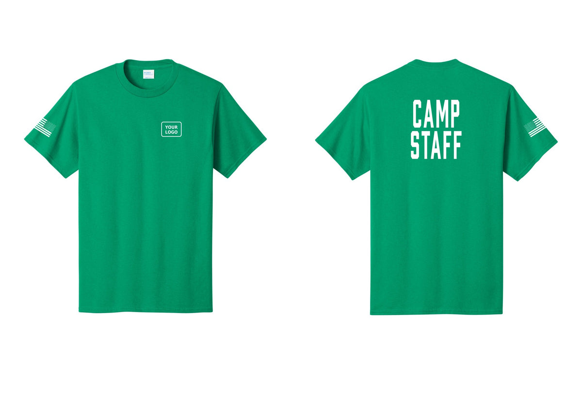 NYC Factory Custom Logo Camp Staff T-Shirt, Condensed Lettering - Your Logo + Back + US Flag Sleeve - Kelly