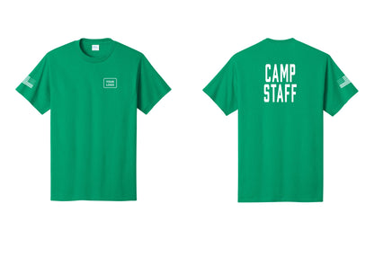 NYC Factory Custom Logo Camp Staff T-Shirt, Condensed Lettering - Your Logo + Back + US Flag Sleeve - Kelly