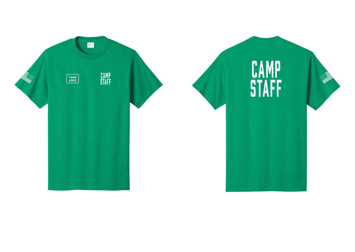 NYC Factory Custom Logo Camp Staff T-Shirt, Condensed Lettering - CAMP STAFF + Your Logo + Back + US Flag Sleeve - Kelly