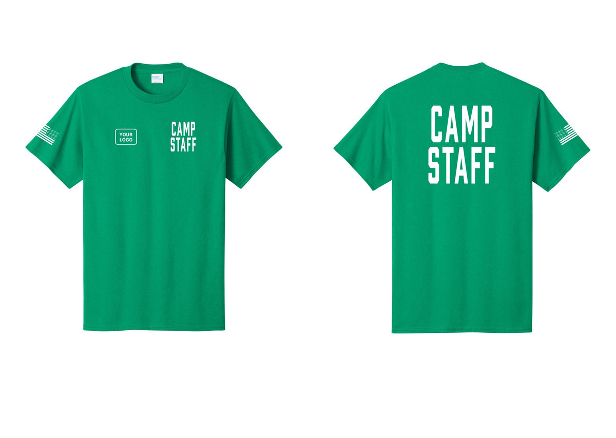 NYC Factory Unisex Custom Logo Camp Staff T-Shirt - CAMP STAFF + Your Logo + Back + US Flag Sleeve - Kelly