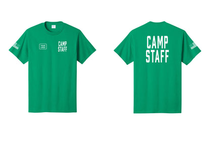 NYC Factory Unisex Custom Logo Camp Staff T-Shirt - CAMP STAFF + Your Logo + Back + US Flag Sleeve - Kelly