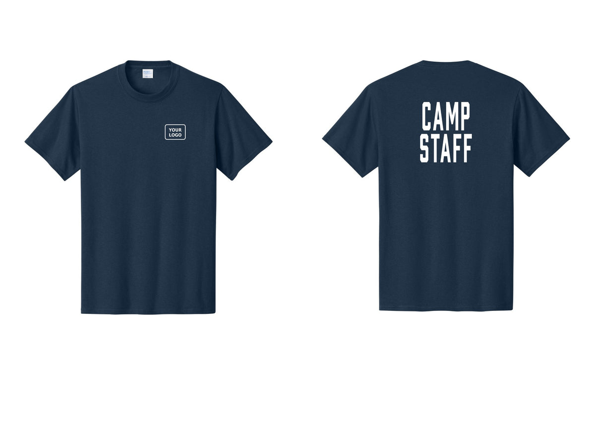 NYC Factory Custom Logo Camp Staff T-Shirt, Condensed Lettering - Your Logo + Back - Navy