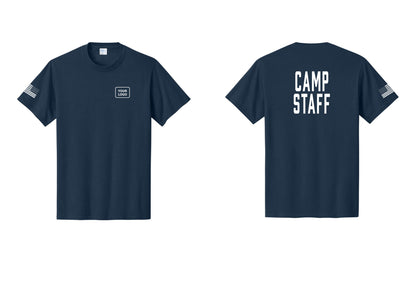 NYC Factory Custom Logo Camp Staff T-Shirt, Condensed Lettering - Your Logo + Back + US Flag Sleeve - Navy