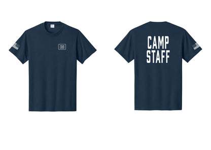 NYC Factory Unisex Custom Logo Camp Staff T-Shirt - Your Logo + Back + US Flag Sleeve - Navy