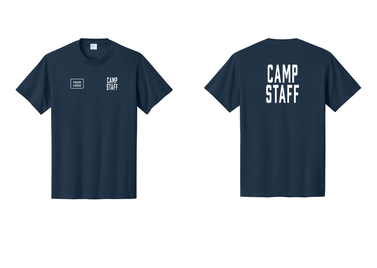 NYC Factory Custom Logo Camp Staff T-Shirt, Condensed Lettering - CAMP STAFF + Your Logo + Back - Navy