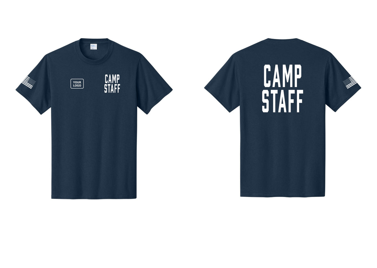 NYC Factory Unisex Custom Logo Camp Staff T-Shirt - CAMP STAFF + Your Logo + Back + US Flag Sleeve - Navy