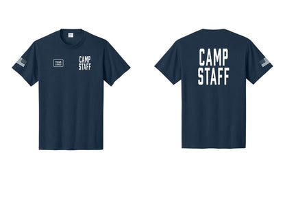 NYC Factory Unisex Custom Logo Camp Staff T-Shirt - CAMP STAFF + Your Logo + Back + US Flag Sleeve - Navy
