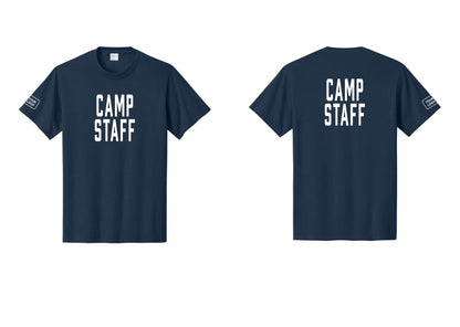 NYC Factory Custom Logo Camp Staff T-Shirt, Condensed Lettering - Front + Back + Your Logo Sleeve - Navy