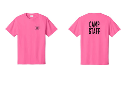 NYC Factory Custom Logo Camp Staff T-Shirt, Condensed Lettering - Your Logo + Back - Neon Pink