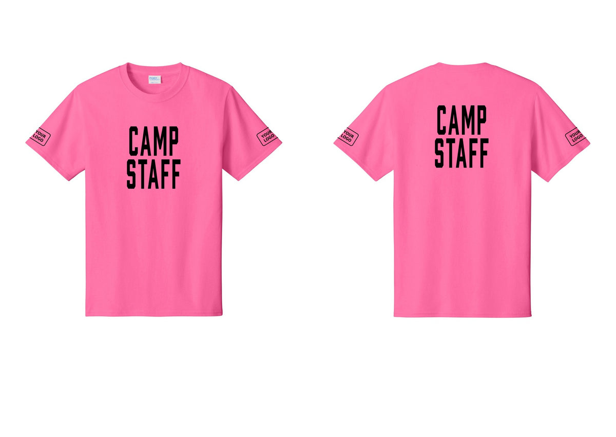 NYC Factory Custom Logo Camp Staff T-Shirt, Condensed Lettering - Front + Back + Your Logo Sleeves - Neon Pink