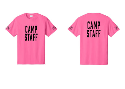 NYC Factory Unisex Custom Logo Camp Staff T-Shirt - Front + Back + Your Logo Sleeves - Neon Pink