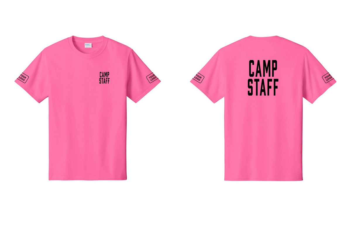 NYC Factory Custom Logo Camp Staff T-Shirt, Condensed Lettering - Chest + Back + Your Logo Sleeves - Neon Pink