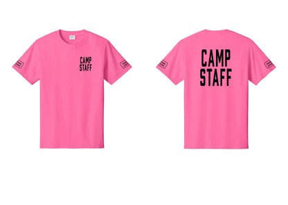 NYC Factory Unisex Custom Logo Camp Staff T-Shirt - Chest + Back + Your Logo Sleeves - Neon Pink