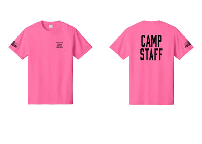 NYC Factory Unisex Custom Logo Camp Staff T-Shirt - Your Logo + Back + US Flag Sleeve - Neon Pink