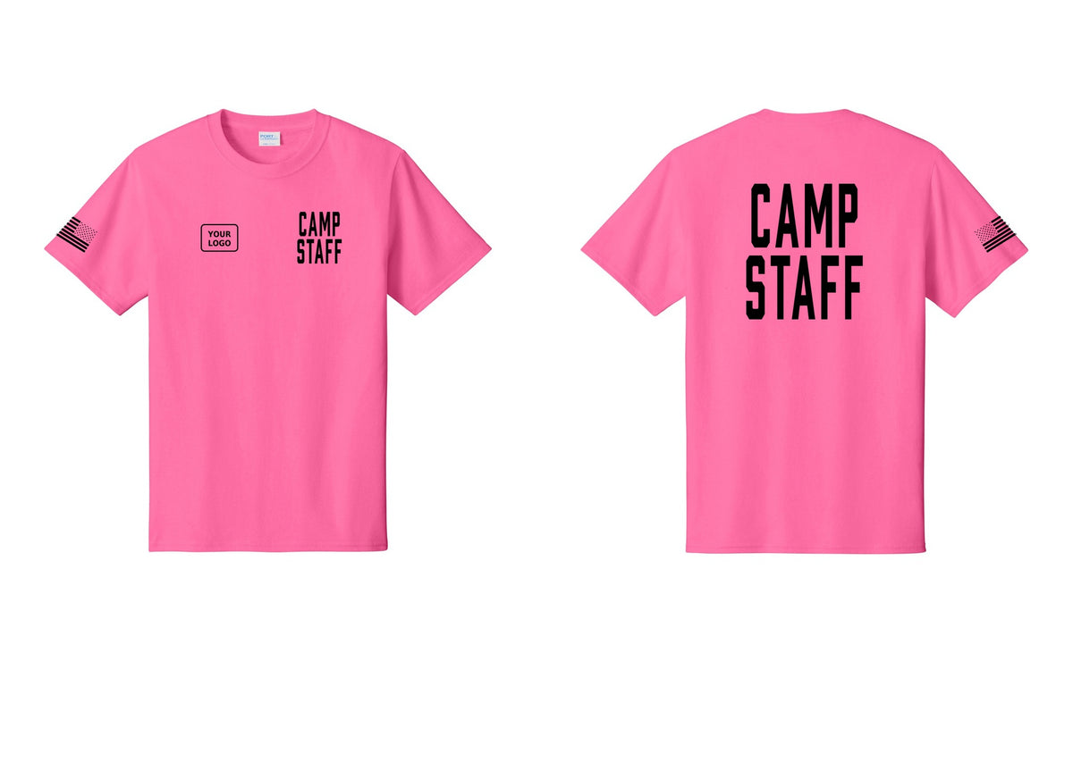 NYC Factory Unisex Custom Logo Camp Staff T-Shirt - CAMP STAFF + Your Logo + Back + US Flag Sleeve - Neon Pink