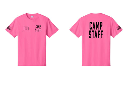 NYC Factory Unisex Custom Logo Camp Staff T-Shirt - CAMP STAFF + Your Logo + Back + US Flag Sleeve - Neon Pink