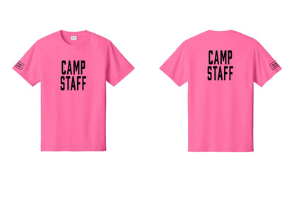 NYC Factory Custom Logo Camp Staff T-Shirt, Condensed Lettering - Front + Back + Your Logo Sleeve - Neon Pink