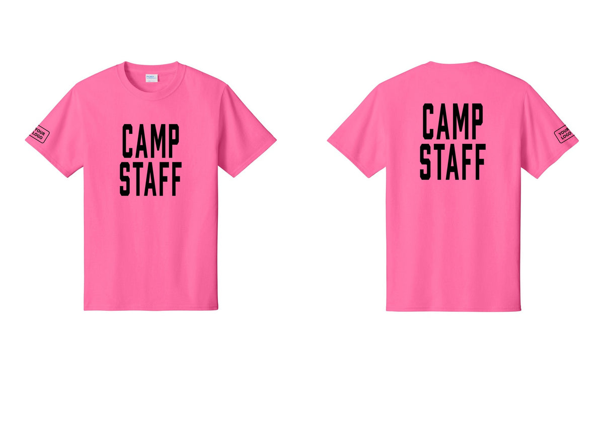 NYC Factory Unisex Custom Logo Camp Staff T-Shirt - Front + Back + Your Logo Sleeve - Neon Pink