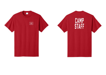 NYC Factory Custom Logo Camp Staff T-Shirt, Condensed Lettering - Your Logo + Back - Red