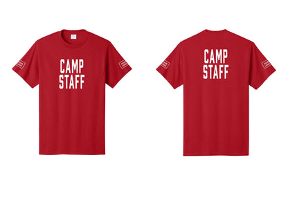 NYC Factory Custom Logo Camp Staff T-Shirt, Condensed Lettering - Front + Back + Your Logo Sleeves - Red