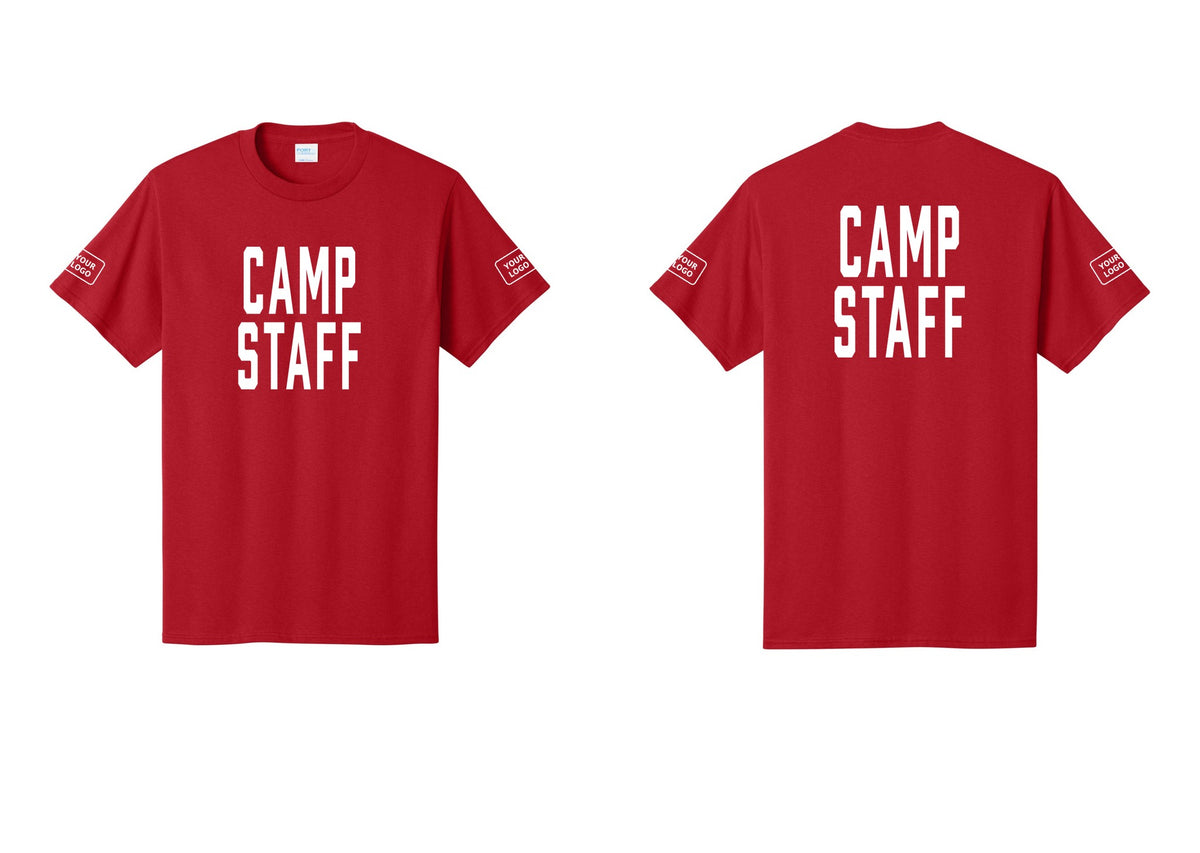 NYC Factory Unisex Custom Logo Camp Staff T-Shirt - Front + Back + Your Logo Sleeves - Red