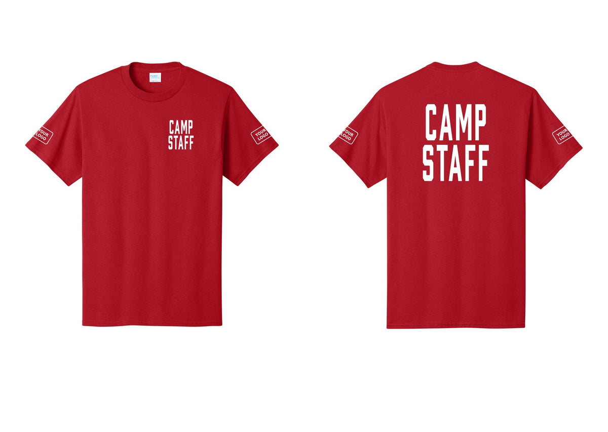 NYC Factory Unisex Custom Logo Camp Staff T-Shirt - Chest + Back + Your Logo Sleeves - Red