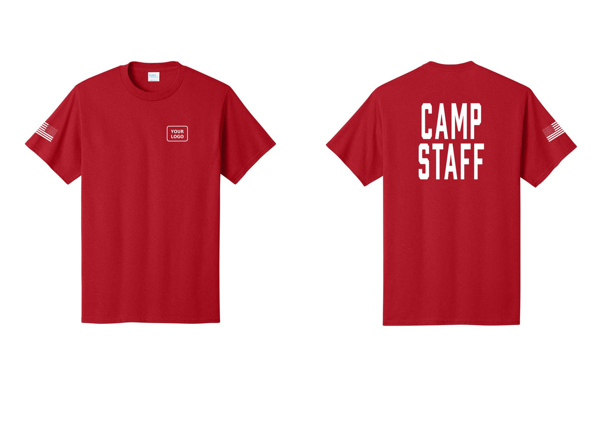 NYC Factory Unisex Custom Logo Camp Staff T-Shirt - Your Logo + Back + US Flag Sleeve - Red