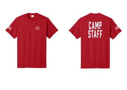 NYC Factory Unisex Custom Logo Camp Staff T-Shirt - Your Logo + Back + US Flag Sleeve - Red