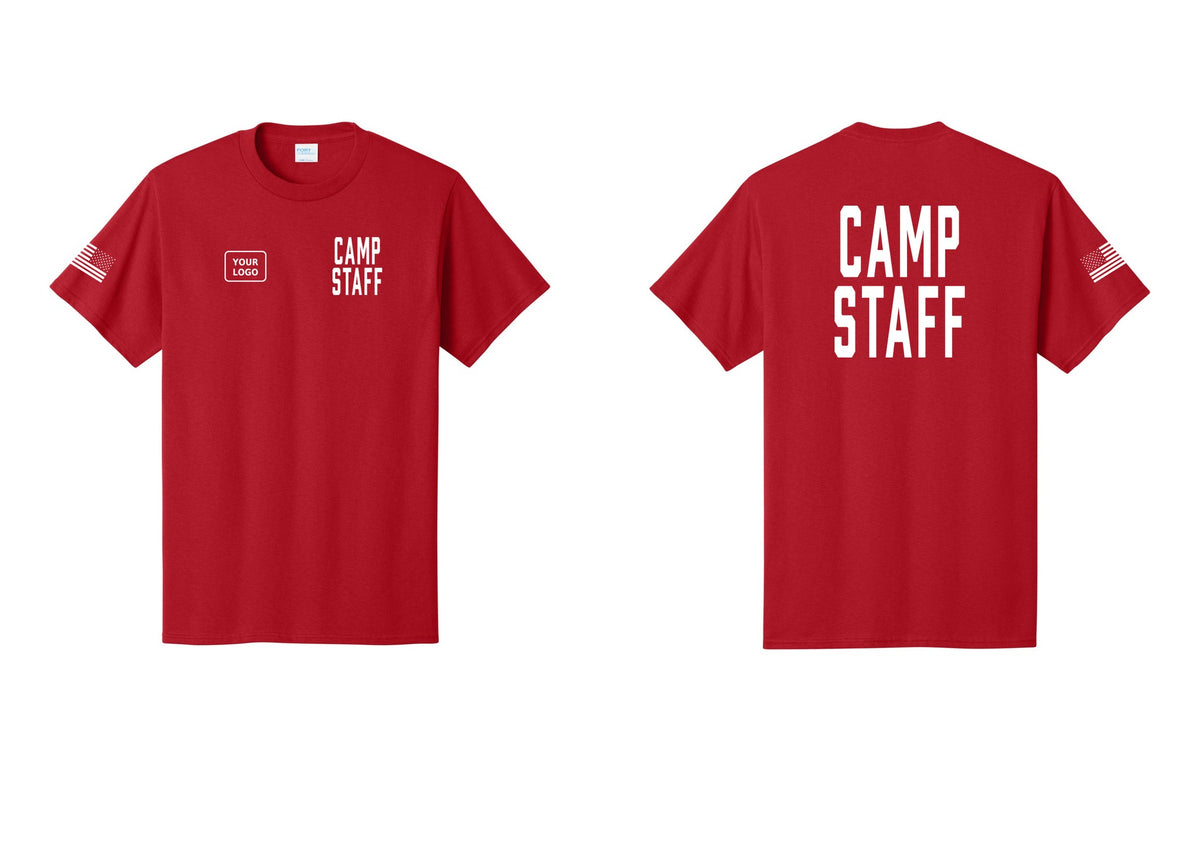 NYC Factory Unisex Custom Logo Camp Staff T-Shirt - CAMP STAFF + Your Logo + Back + US Flag Sleeve - Red