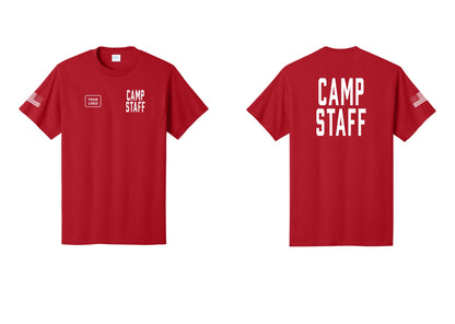 NYC Factory Unisex Custom Logo Camp Staff T-Shirt - CAMP STAFF + Your Logo + Back + US Flag Sleeve - Red