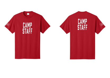 NYC Factory Custom Logo Camp Staff T-Shirt, Condensed Lettering - Front + Back + Your Logo Sleeve - Red