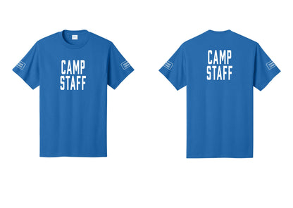 NYC Factory Custom Logo Camp Staff T-Shirt, Condensed Lettering - Front + Back + Your Logo Sleeves - Royal