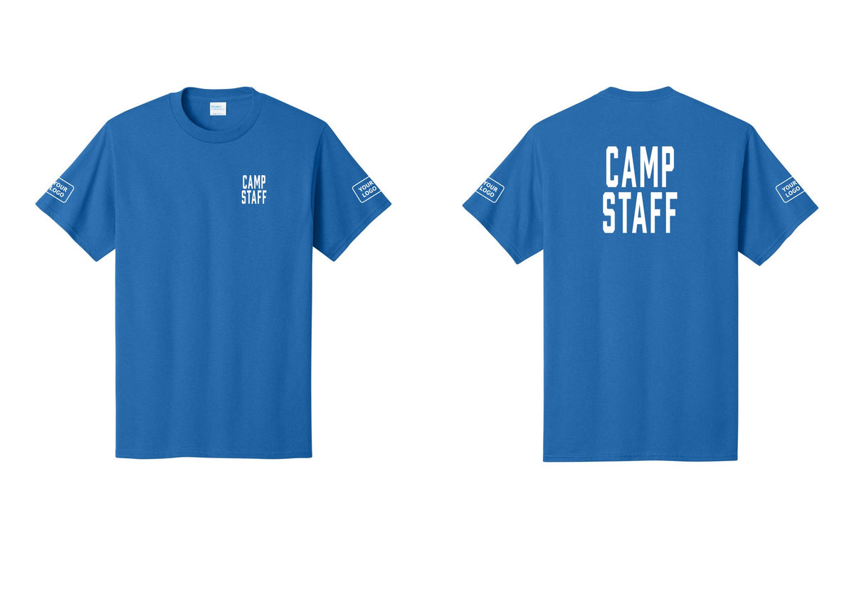 NYC Factory Custom Logo Camp Staff T-Shirt, Condensed Lettering - Chest + Back + Your Logo Sleeves - Royal