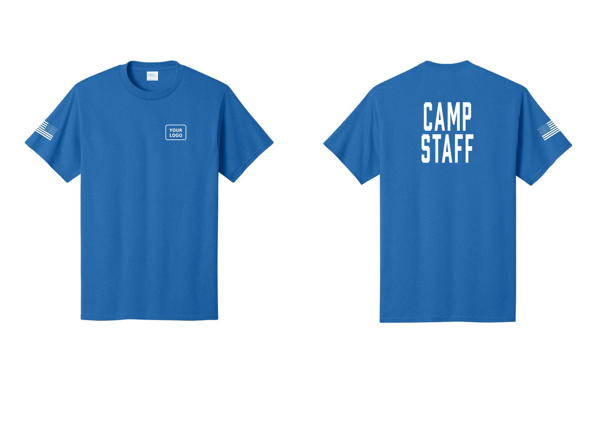 NYC Factory Custom Logo Camp Staff T-Shirt, Condensed Lettering - Your Logo + Back + US Flag Sleeve - Royal
