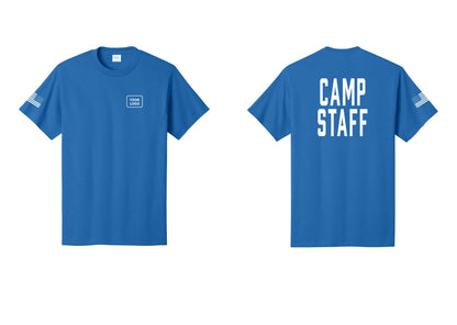 NYC Factory Unisex Custom Logo Camp Staff T-Shirt - Your Logo + Back + US Flag Sleeve - Royal