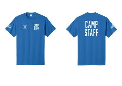 NYC Factory Unisex Custom Logo Camp Staff T-Shirt - CAMP STAFF + Your Logo + Back + US Flag Sleeve - Royal