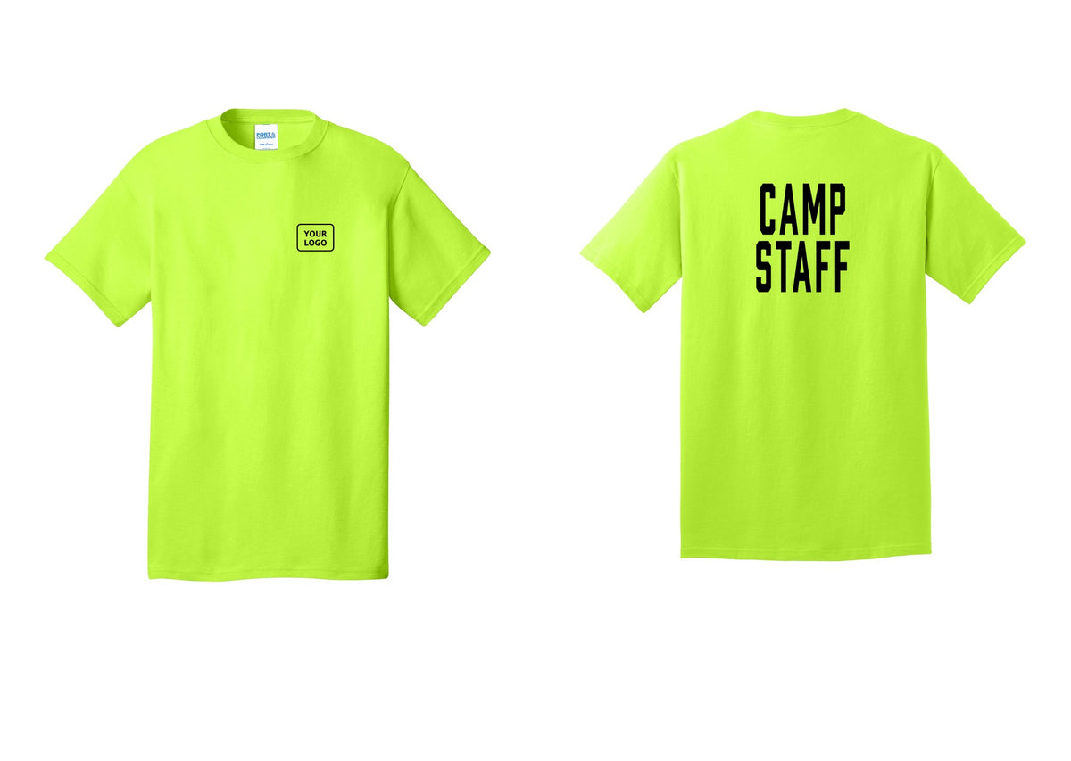 NYC Factory Custom Logo Camp Staff T-Shirt, Condensed Lettering - Your Logo + Back - Safety Green