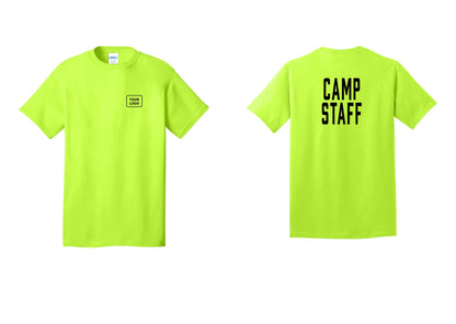 NYC Factory Custom Logo Camp Staff T-Shirt, Condensed Lettering - Your Logo + Back - Safety Green