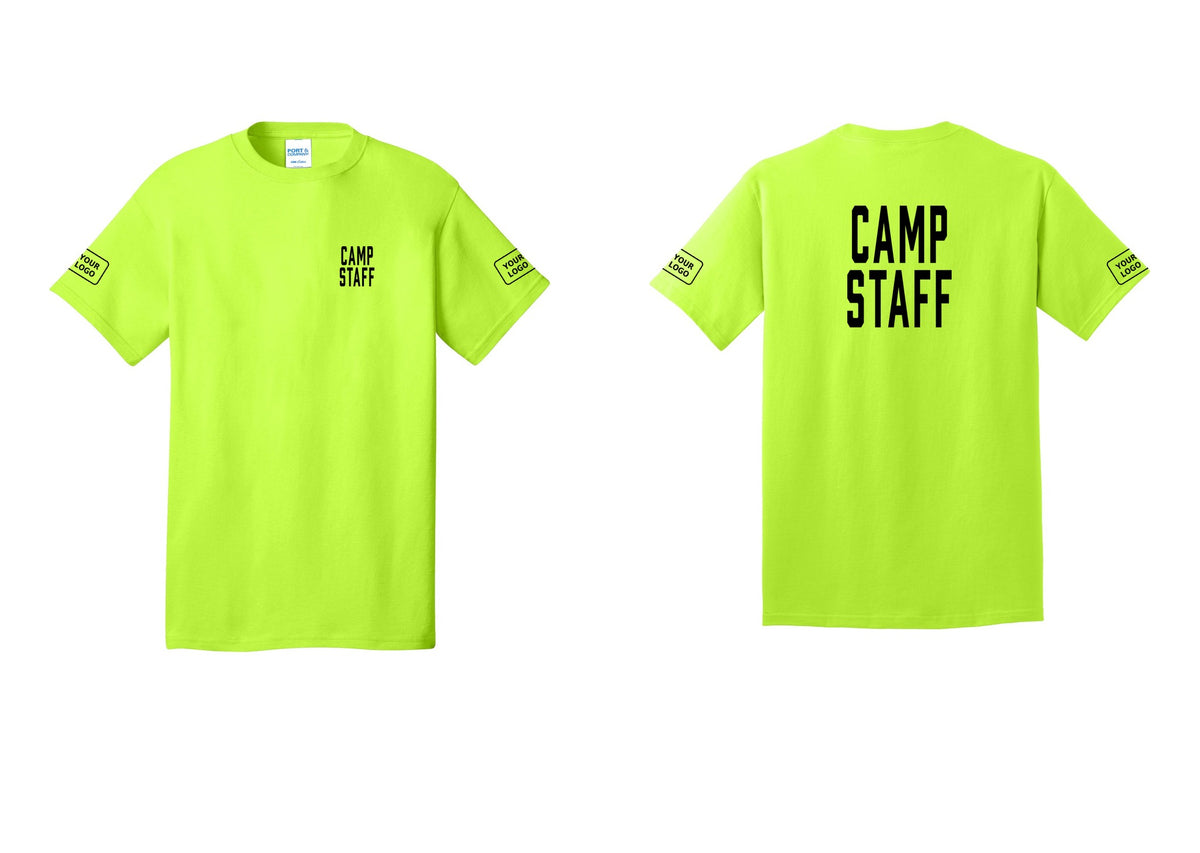 NYC Factory Custom Logo Camp Staff T-Shirt, Condensed Lettering - Chest + Back + Your Logo Sleeves - Safety Green