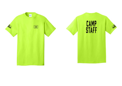 NYC Factory Custom Logo Camp Staff T-Shirt, Condensed Lettering - Your Logo + Back + US Flag Sleeve - Safety Green