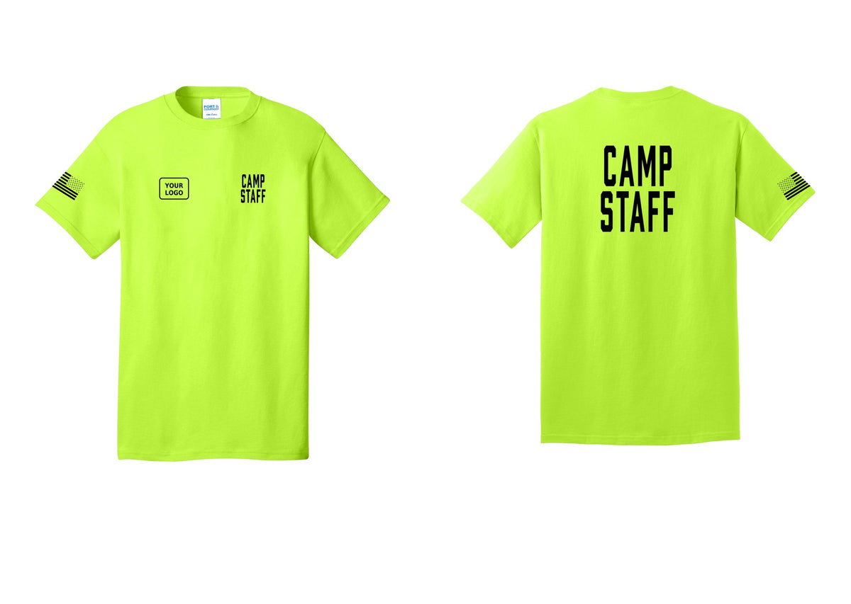 NYC Factory Custom Logo Camp Staff T-Shirt, Condensed Lettering - CAMP STAFF + Your Logo + Back + US Flag Sleeve - Safety Green