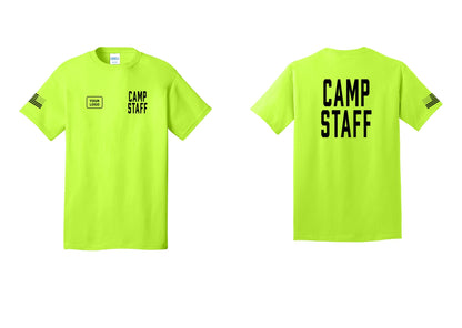NYC Factory Unisex Custom Logo Camp Staff T-Shirt - CAMP STAFF + Your Logo + Back + US Flag Sleeve - Safety Green