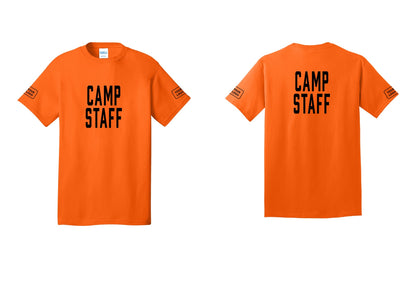NYC Factory Custom Logo Camp Staff T-Shirt, Condensed Lettering - Front + Back + Your Logo Sleeves - Safety Orange