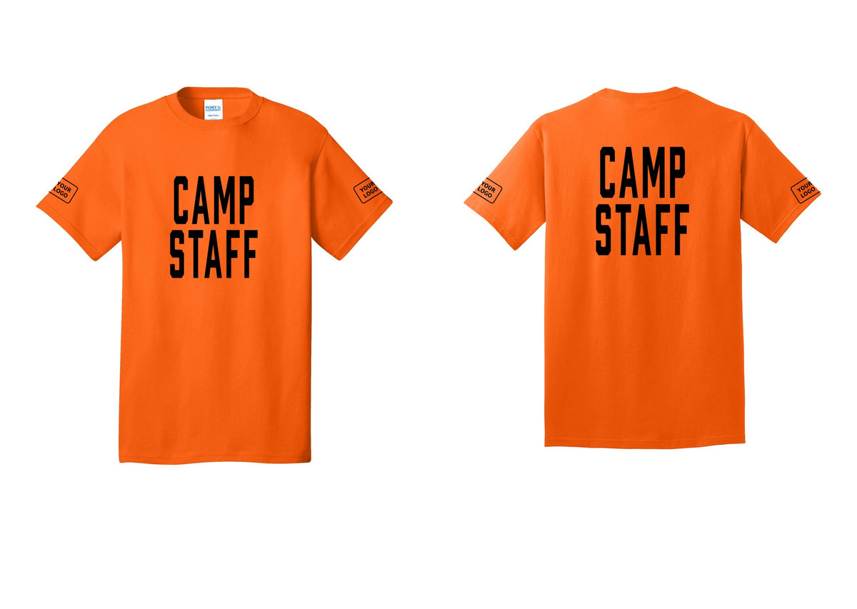 NYC Factory Unisex Custom Logo Camp Staff T-Shirt - Front + Back + Your Logo Sleeves - Safety Orange