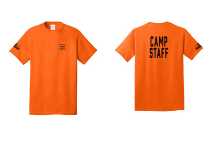 NYC Factory Custom Logo Camp Staff T-Shirt, Condensed Lettering - Your Logo + Back + US Flag Sleeve - Safety Orange