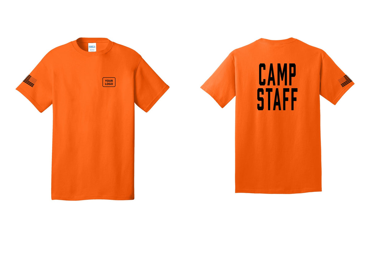 NYC Factory Unisex Custom Logo Camp Staff T-Shirt - Your Logo + Back + US Flag Sleeve - Safety Orange