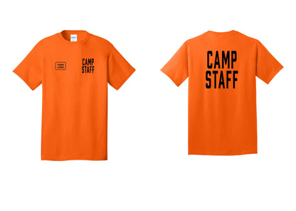 NYC Factory Unisex Custom Logo Camp Staff T-Shirt - CAMP STAFF + Your Logo + Back - Safety Orange