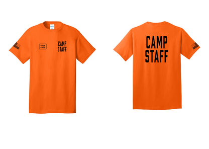 NYC Factory Unisex Custom Logo Camp Staff T-Shirt - CAMP STAFF + Your Logo + Back + US Flag Sleeve - Safety Orange