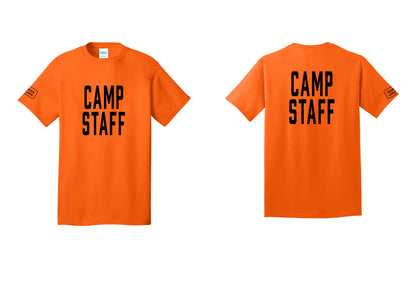 NYC Factory Unisex Custom Logo Camp Staff T-Shirt - Front + Back + Your Logo Sleeve - Safety Orange