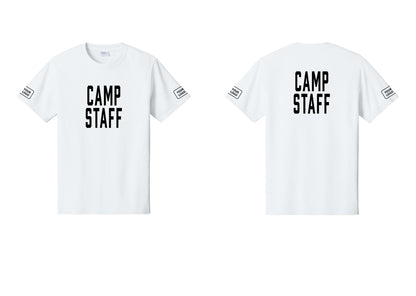 NYC Factory Custom Logo Camp Staff T-Shirt, Condensed Lettering - Front + Back + Your Logo Sleeves - White